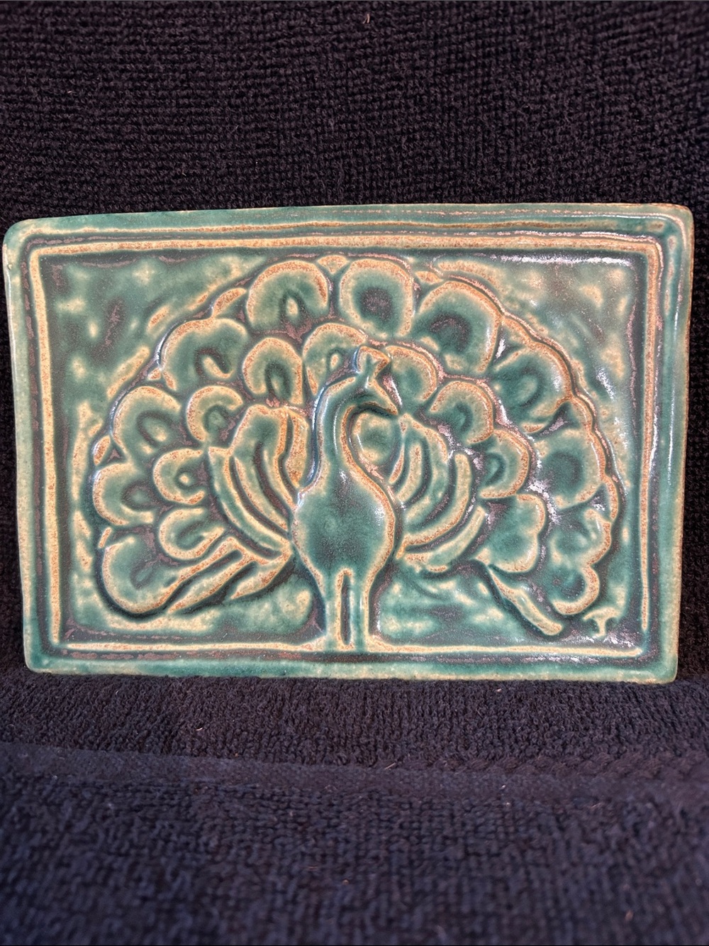 Historic Teal Ceramic Peacock Relief Wall Tile by Pewabic Pottery Detroit
